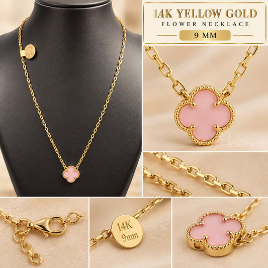 14K Yellow Gold Pink Clover Flower Necklace 9mm Charm 3.10 Grams