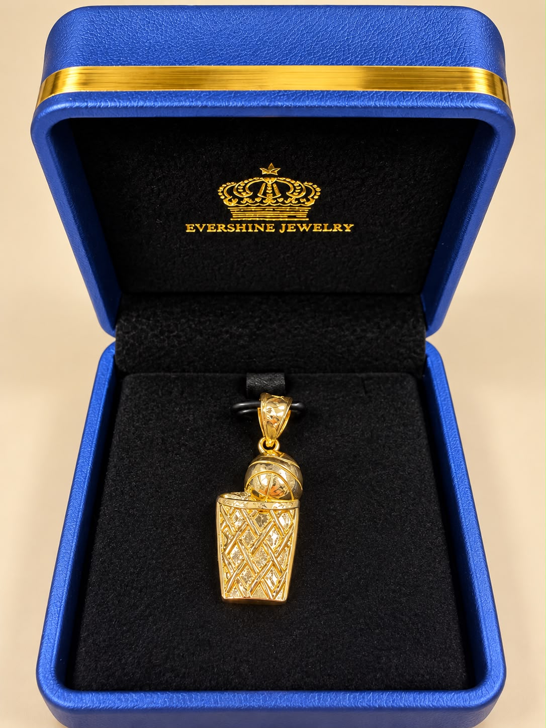 10K Yellow Gold Basketball Hoop Pendant Charm 1.4” Unisex
