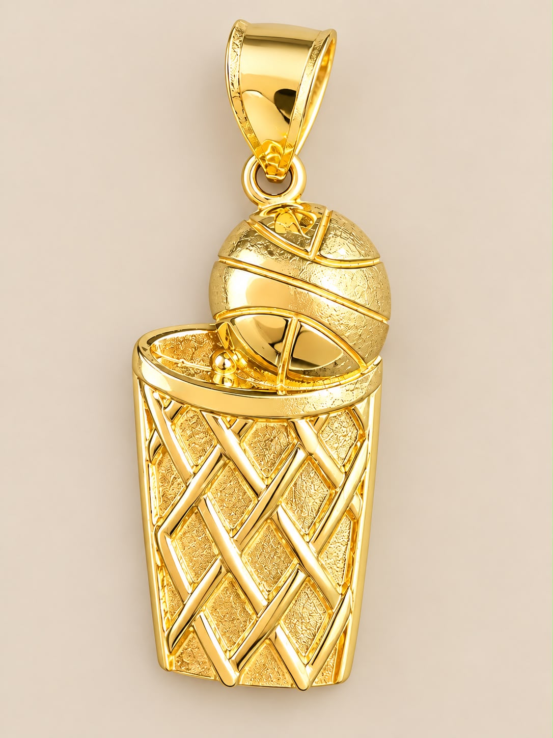 10K Yellow Gold Basketball Hoop Pendant Charm 1.4” Unisex
