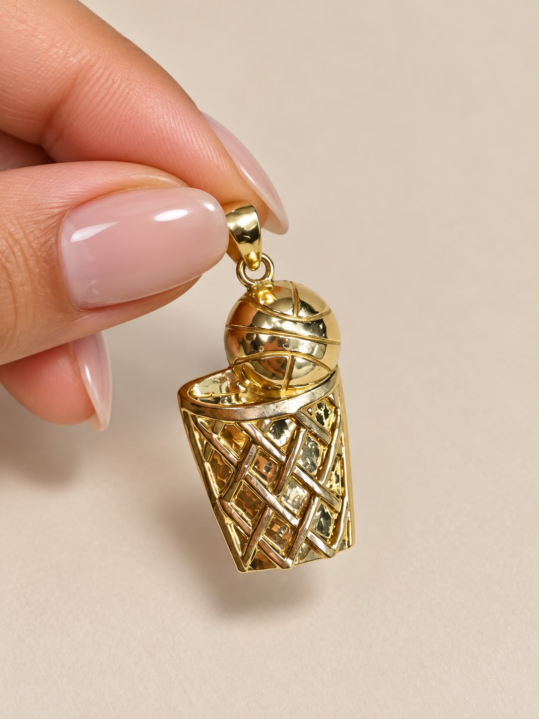 10K Yellow Gold Basketball Hoop Pendant Charm 1.4” Unisex