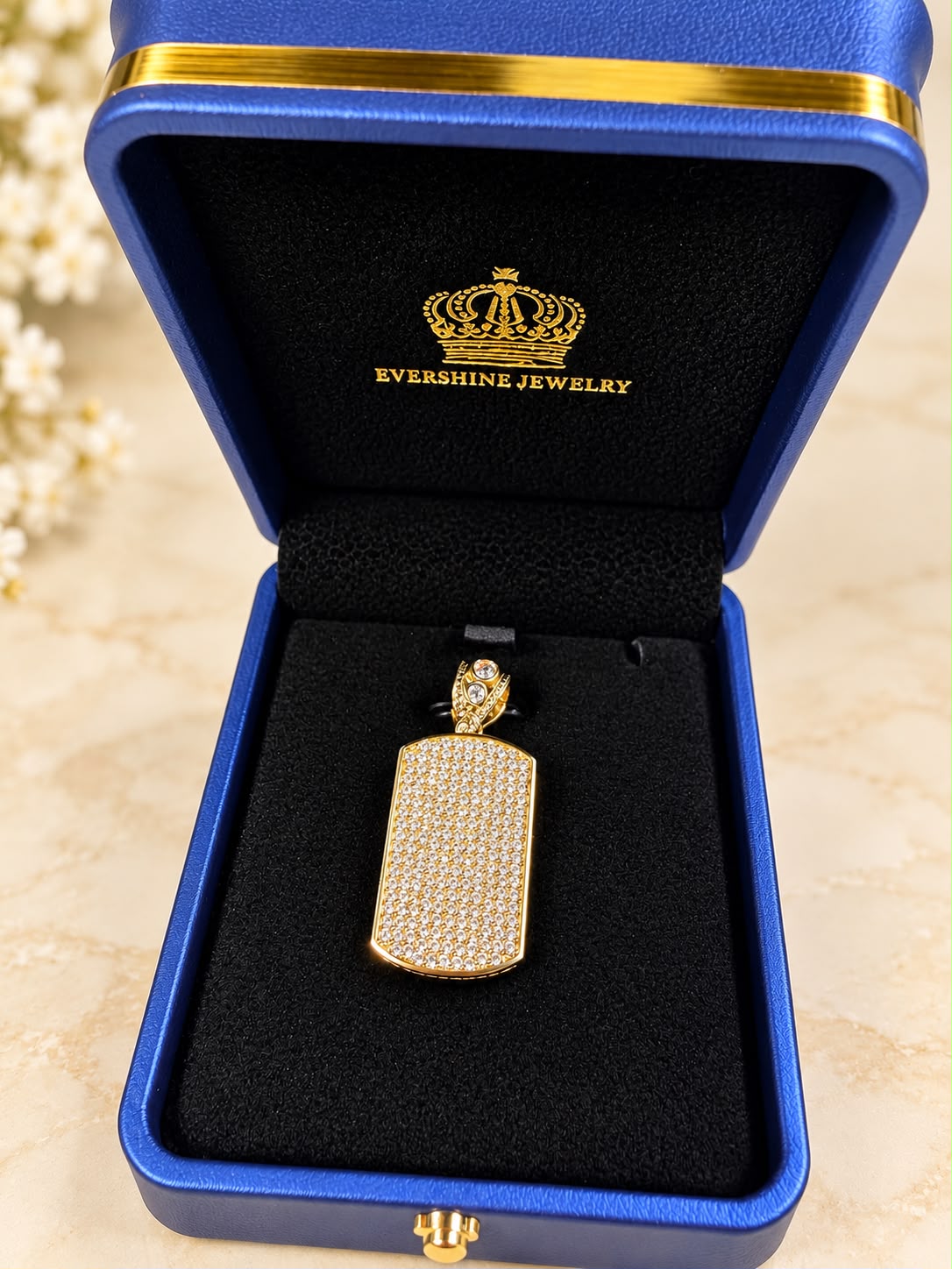 10K Yellow Gold CZ Stone Dog Tag Pendant Charm 1.5” Unisex