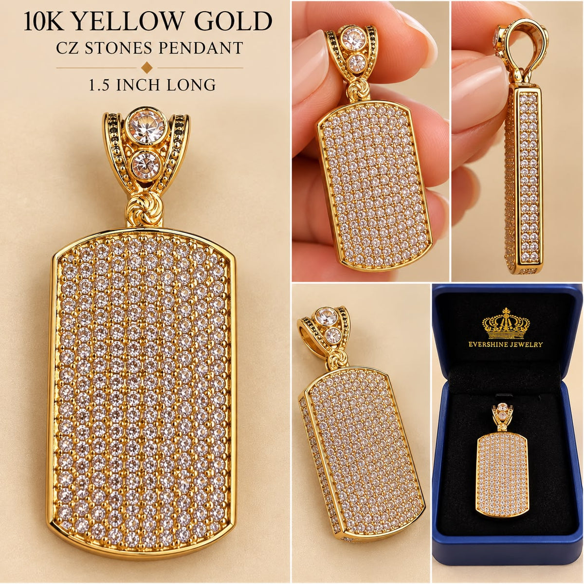 10K Yellow Gold CZ Stone Dog Tag Pendant Charm 1.5” Unisex