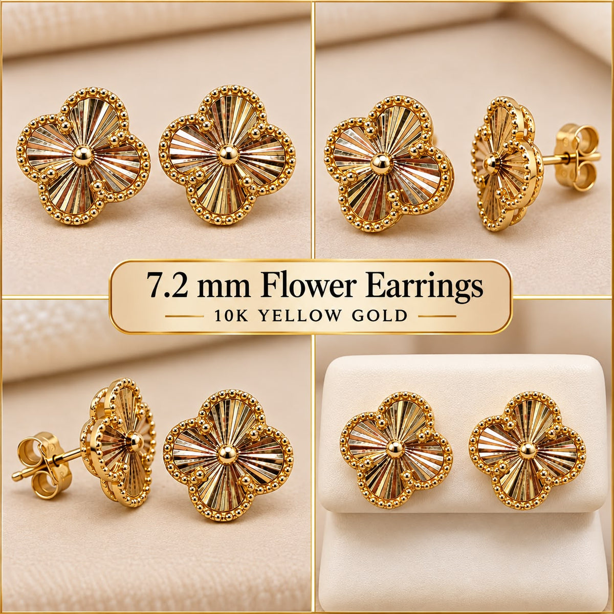 10K Yellow Gold Four Leaf Clover Flower Stud Earrings 7.2mm Women’s