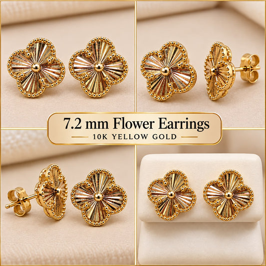 10K Yellow Gold Four Leaf Clover Flower Stud Earrings 7.2mm Women’s