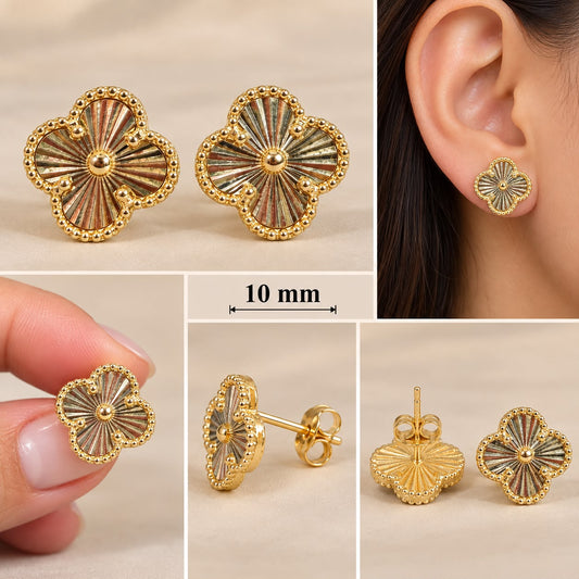 10K Yellow Gold Four Leaf Clover Flower Stud Earrings 10mm Women’s