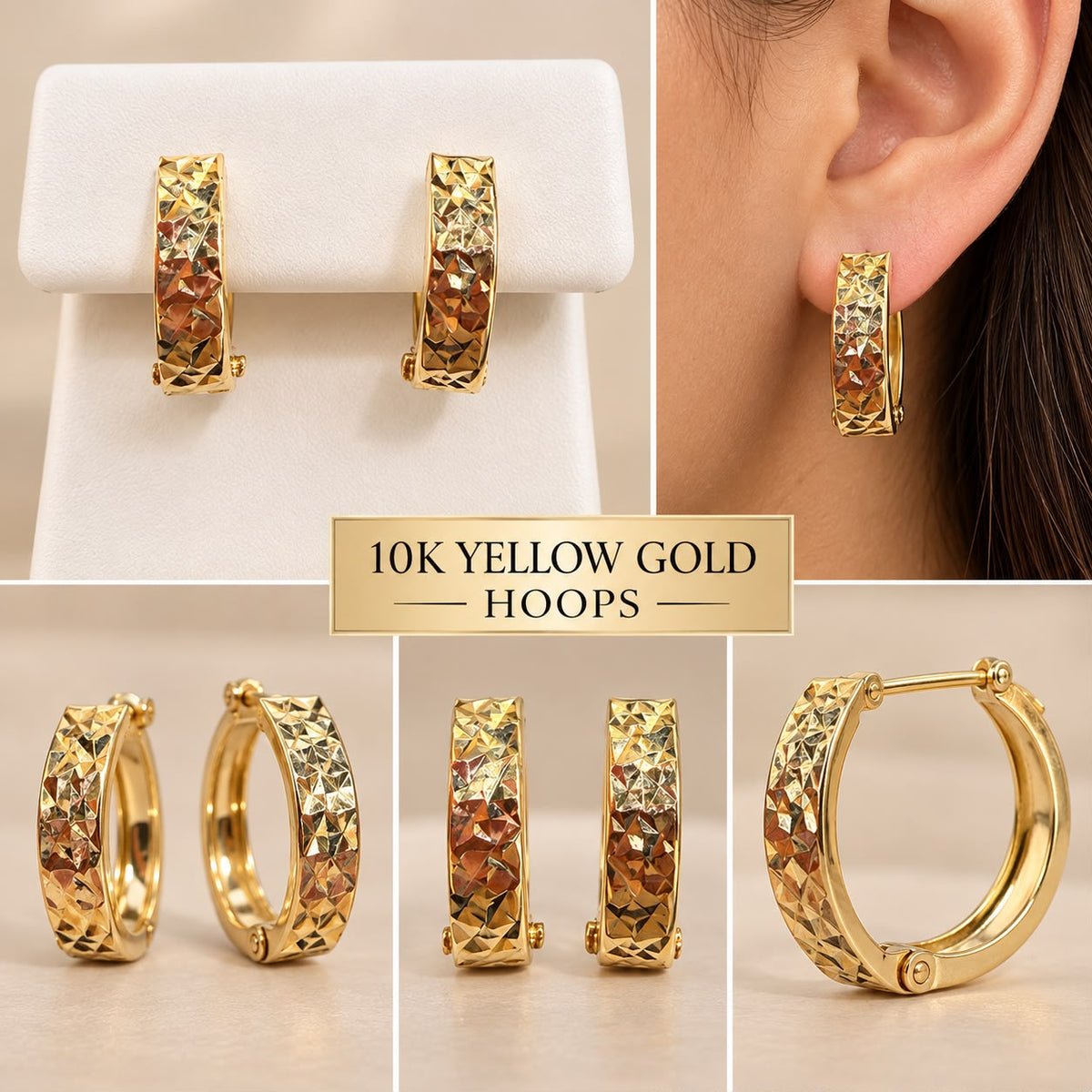 10K Yellow Gold Diamond Cut Hoop Earrings Women’s Textured Hoops