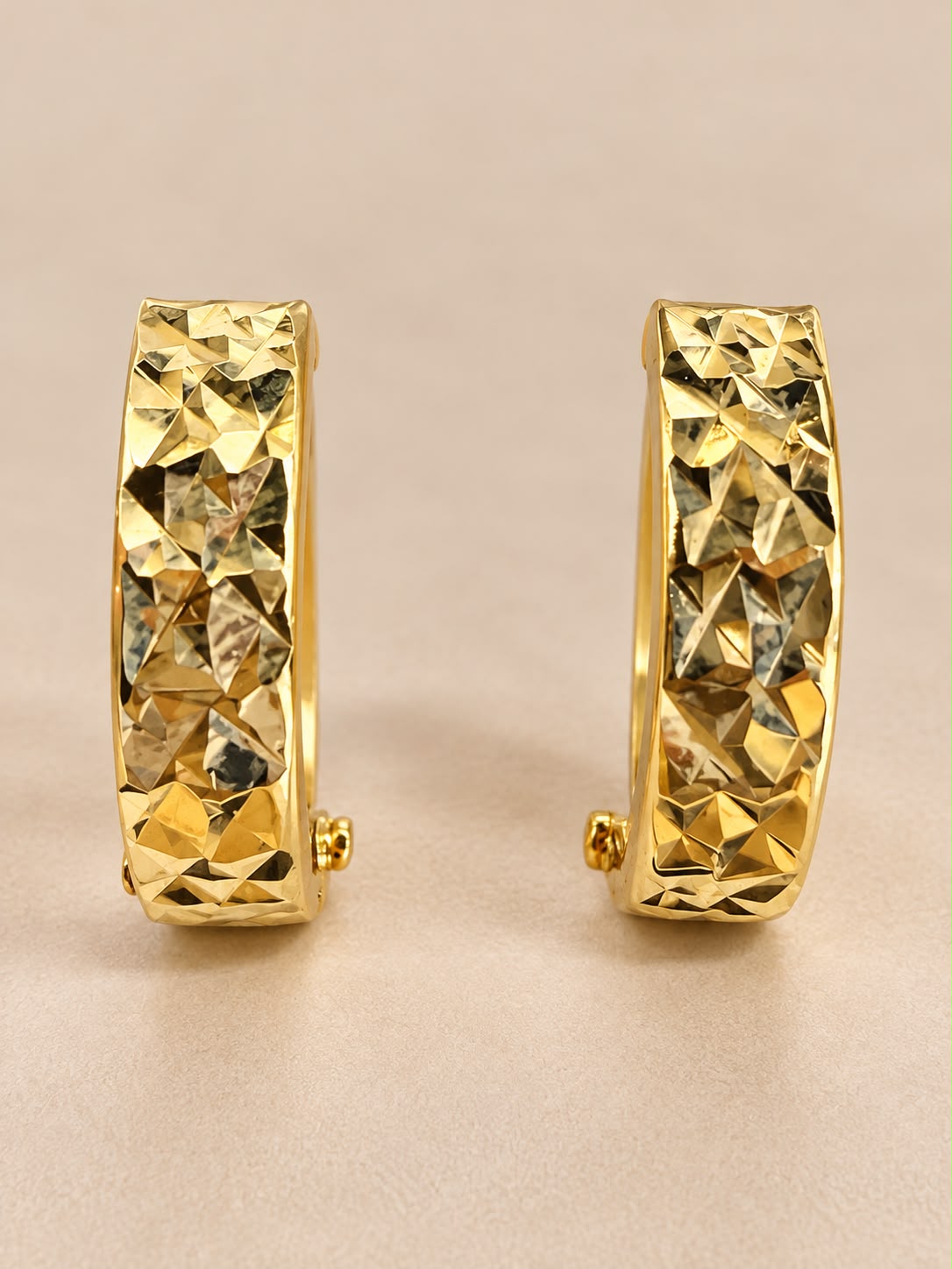 10K Yellow Gold Diamond Cut Hoop Earrings Women’s Textured Hoops