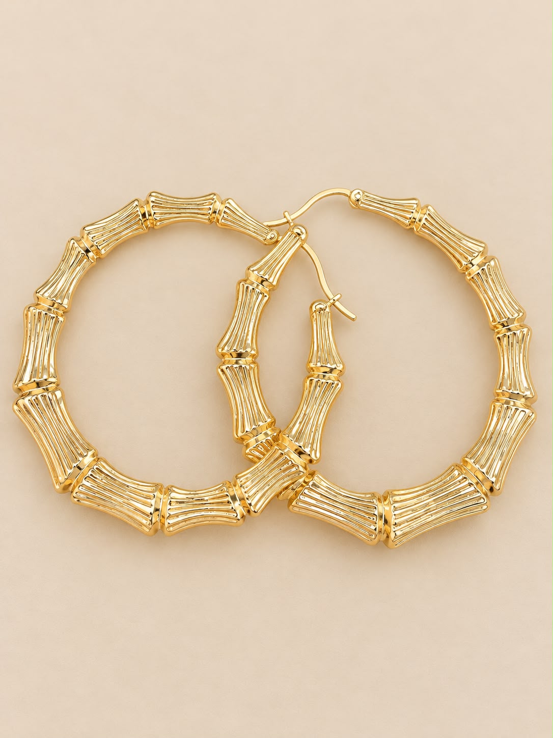 10K Yellow Gold Bamboo Hoop Earrings 3 Inch Large Hoops Women’s