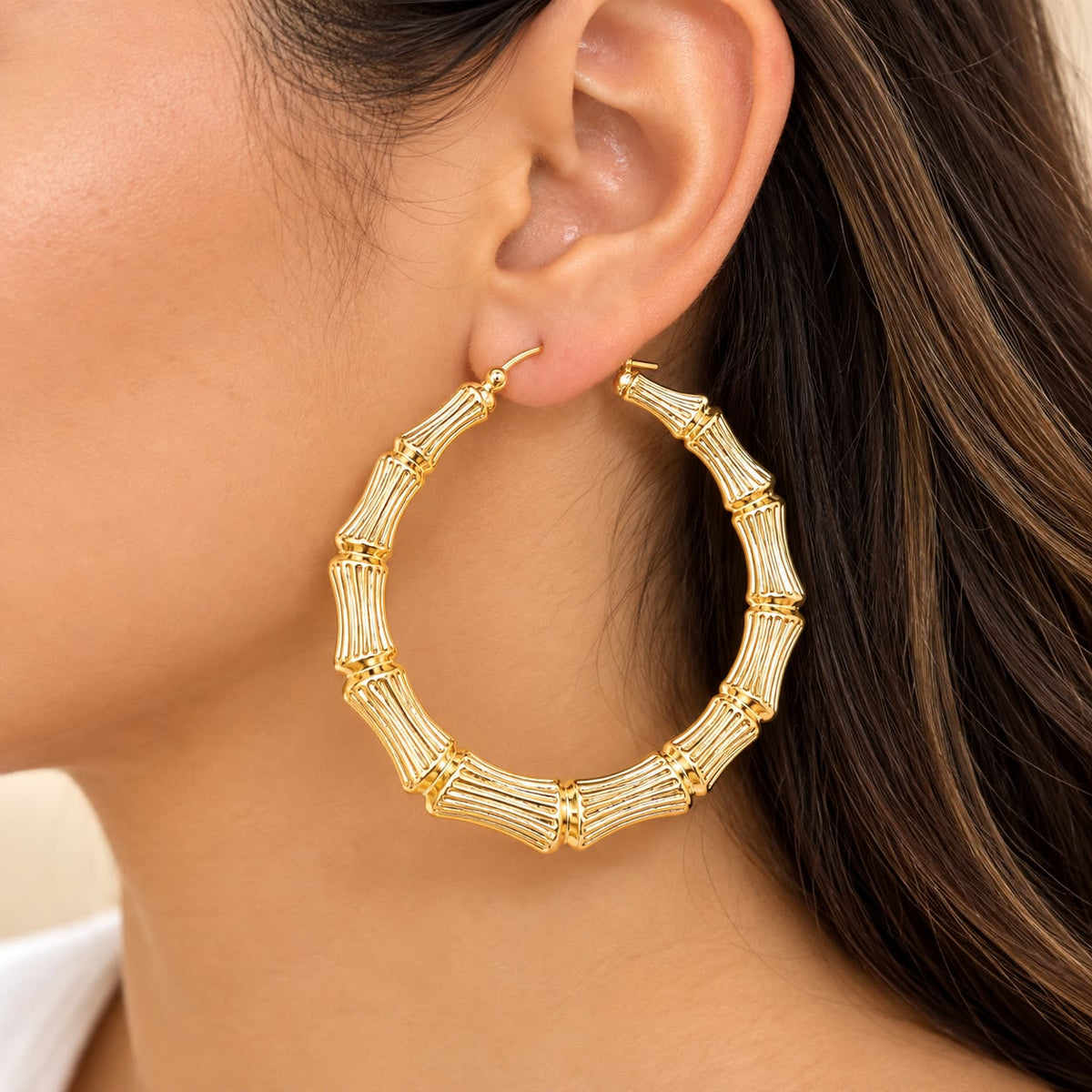 10K Yellow Gold Bamboo Hoop Earrings 3 Inch Large Hoops Women’s