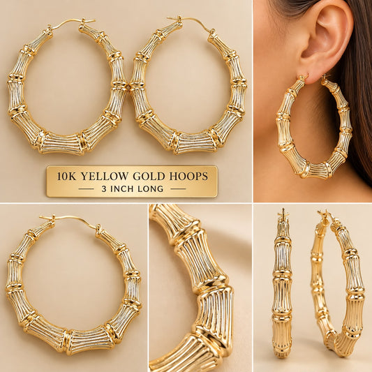 10K Yellow Gold Bamboo Hoop Earrings 3 Inch Large Hoops Women’s