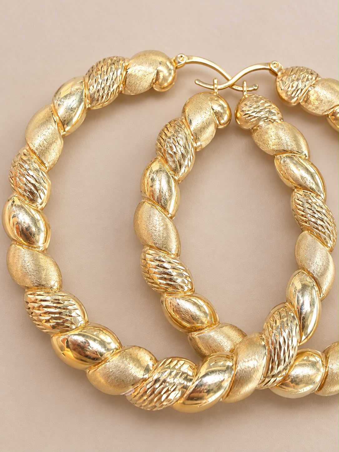 10K Yellow Gold Diamond Cut Twist Hoop Earrings 3 Inch Large Women’s Hoops