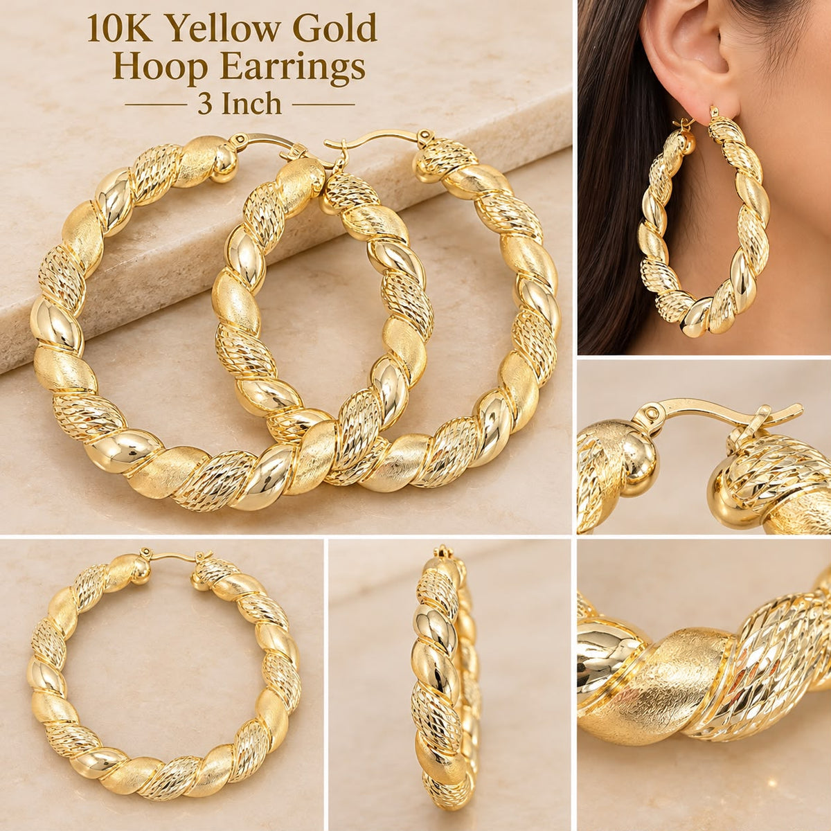 10K Yellow Gold Diamond Cut Twist Hoop Earrings 3 Inch Large Women’s Hoops