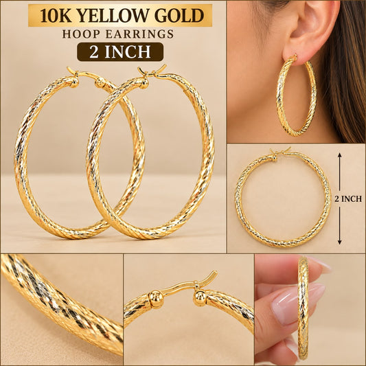 10K Yellow Gold 2 Inch Diamond Cut Hoop Earrings Women’s 3.76 Grams