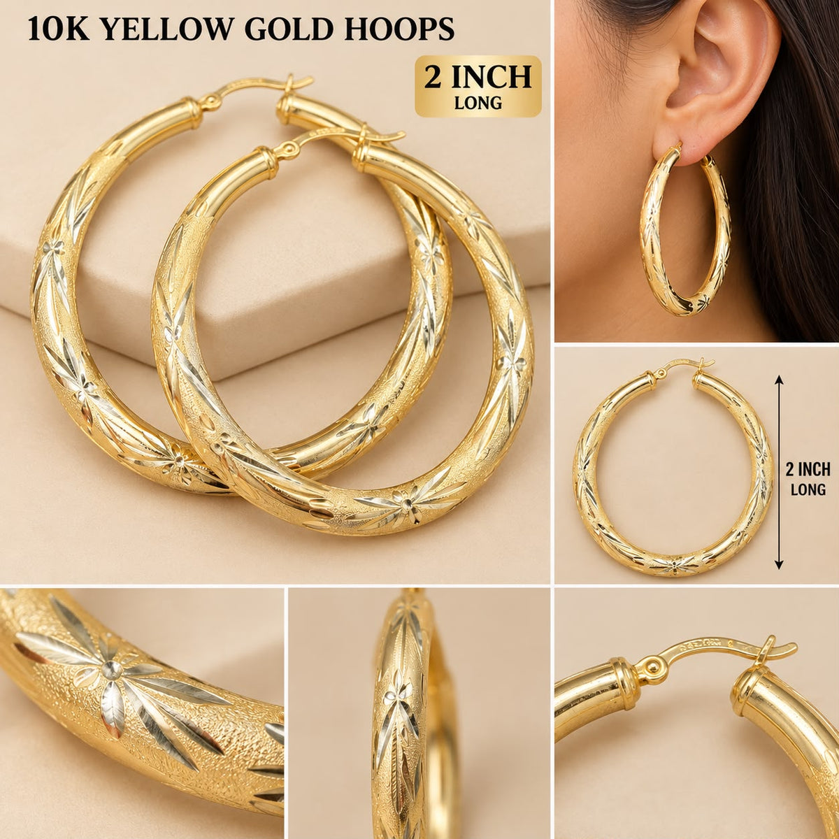 10K Yellow Gold 2 Inch Diamond Cut Floral Hoop Earrings Women’s 7.73 Grams