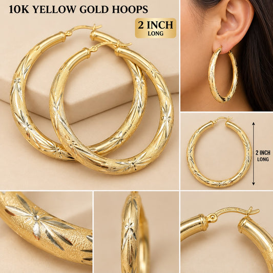 10K Yellow Gold 2 Inch Diamond Cut Floral Hoop Earrings Women’s 7.73 Grams