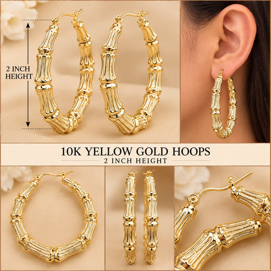 10K Yellow Gold 2 Inch Bamboo Hoop Earrings Women’s Large Hoops 6.58 Grams