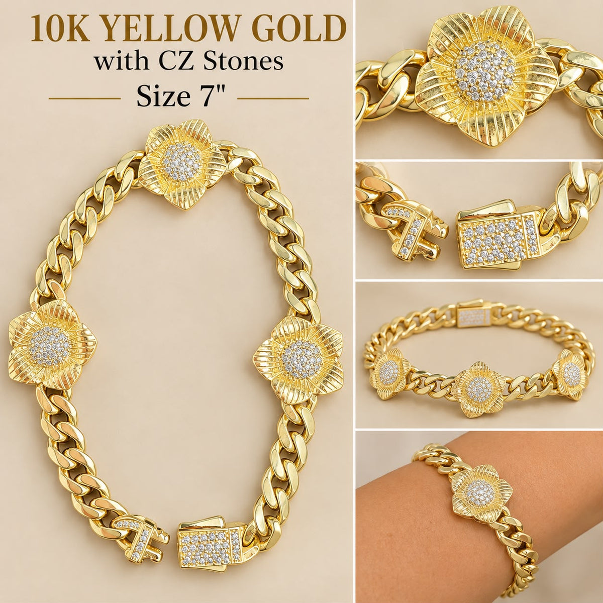 10K Yellow Gold Cuban Link Flower Bracelet with CZ Stones 7” 7.44 Grams