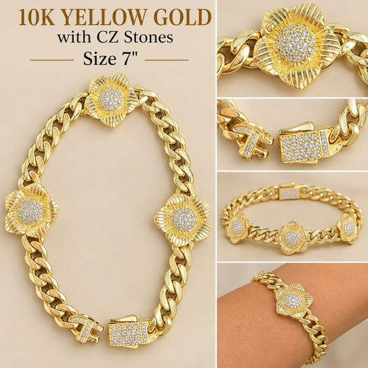 10K Yellow Gold Cuban Link Flower Bracelet with CZ Stones 7” 7.44 Grams