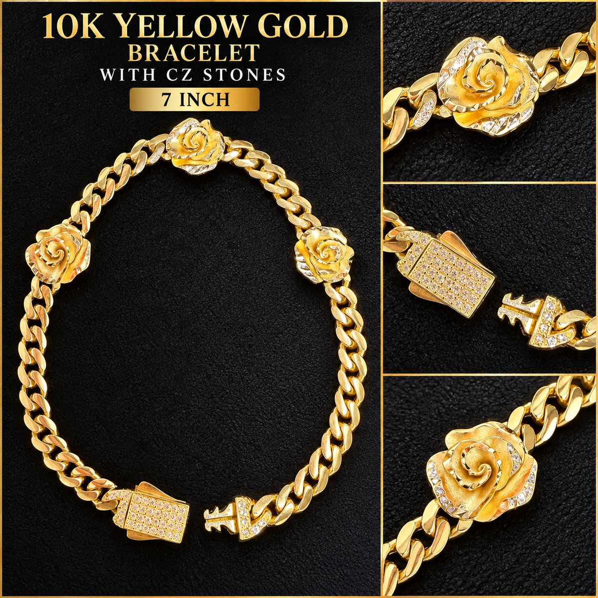 10K Yellow Gold Cuban Link Rose Flower Bracelet with CZ Stones 7” 4 Grams