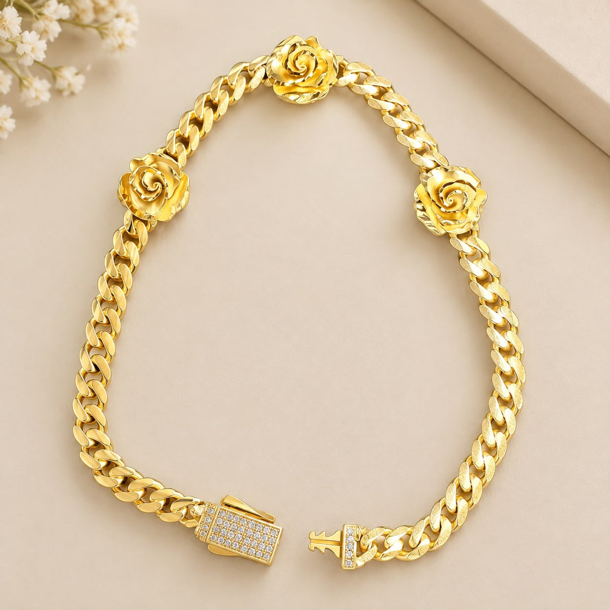 10K Yellow Gold Cuban Link Rose Flower Bracelet with CZ Stones 7” 4 Grams