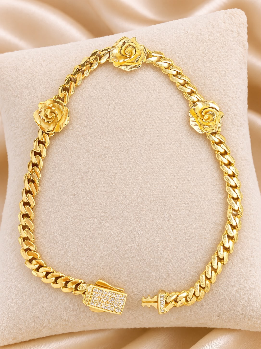 10K Yellow Gold Cuban Link Rose Flower Bracelet with CZ Stones 7” 4 Grams