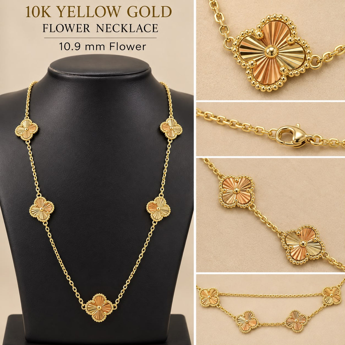 10K Yellow Gold Two Tone Clover Flower Station Necklace 10.9mm 6.91 Grams