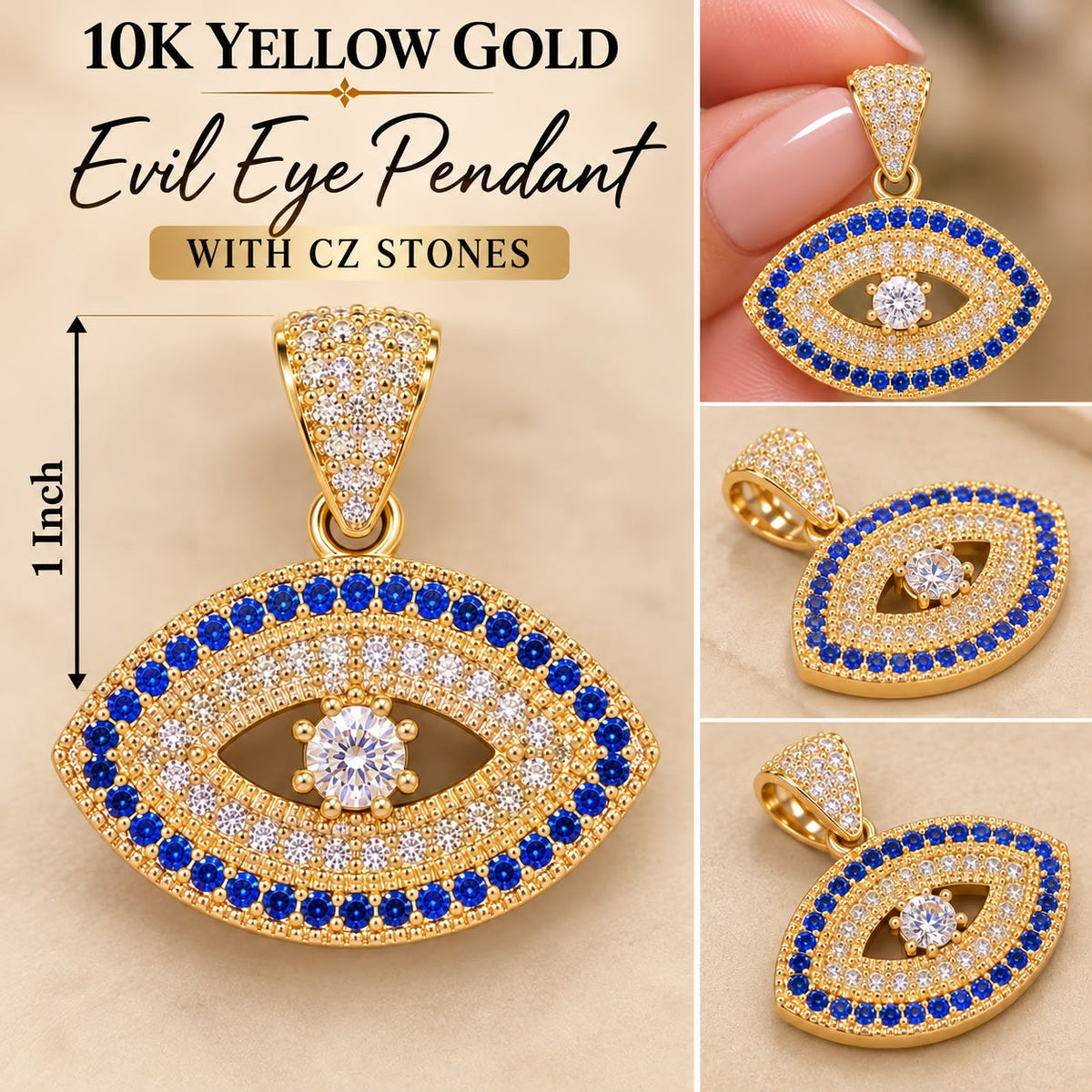 10K Yellow Gold Blue Evil Eye Pendant with CZ Stones 1 Inch