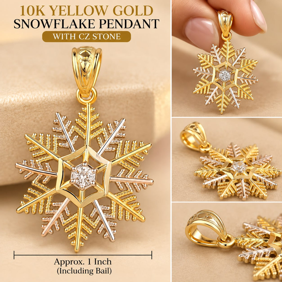 10K Yellow Gold Snowflake Pendant with Sparkling CZ Stone – 1 Inch