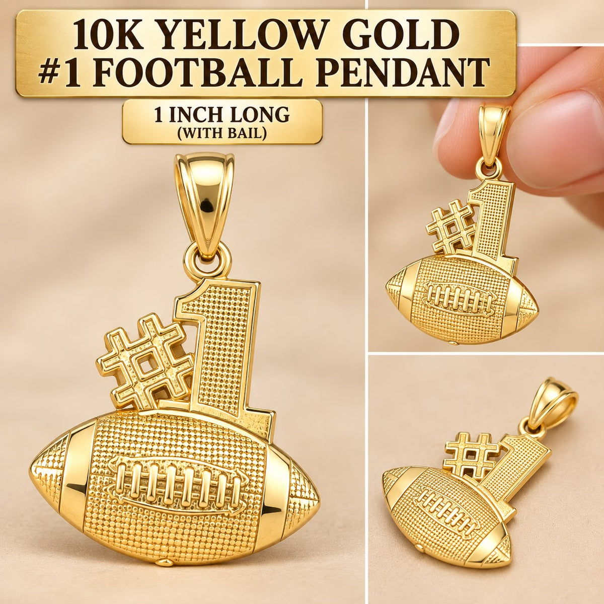 10K Yellow Gold #1 Football Pendant Charm – Sports Jewelry 1 Inch