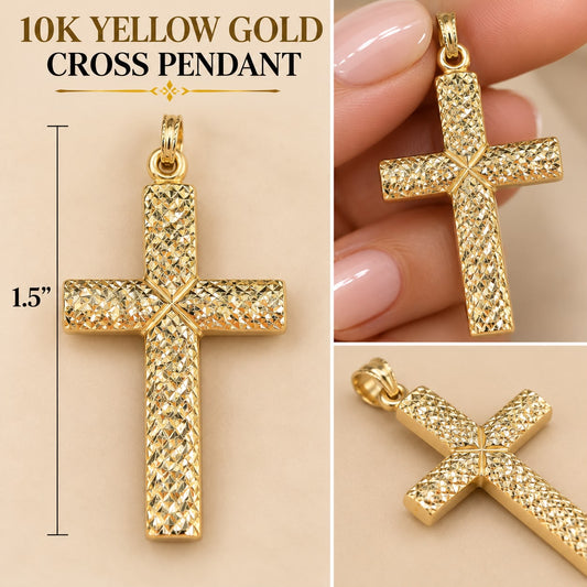 10K Yellow Gold Diamond Cut Cross Pendant – Religious Jewelry 1.5 Inch