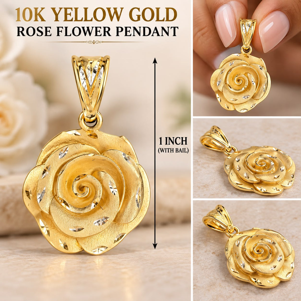 10K Yellow Gold Rose Flower Pendant Charm – Diamond Cut Floral Jewelry 1 Inch