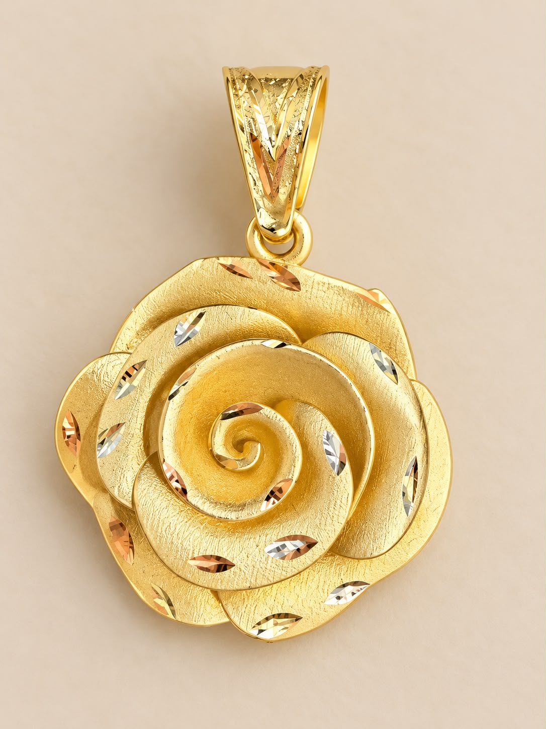 10K Yellow Gold Rose Flower Pendant Charm – Diamond Cut Floral Jewelry 1 Inch