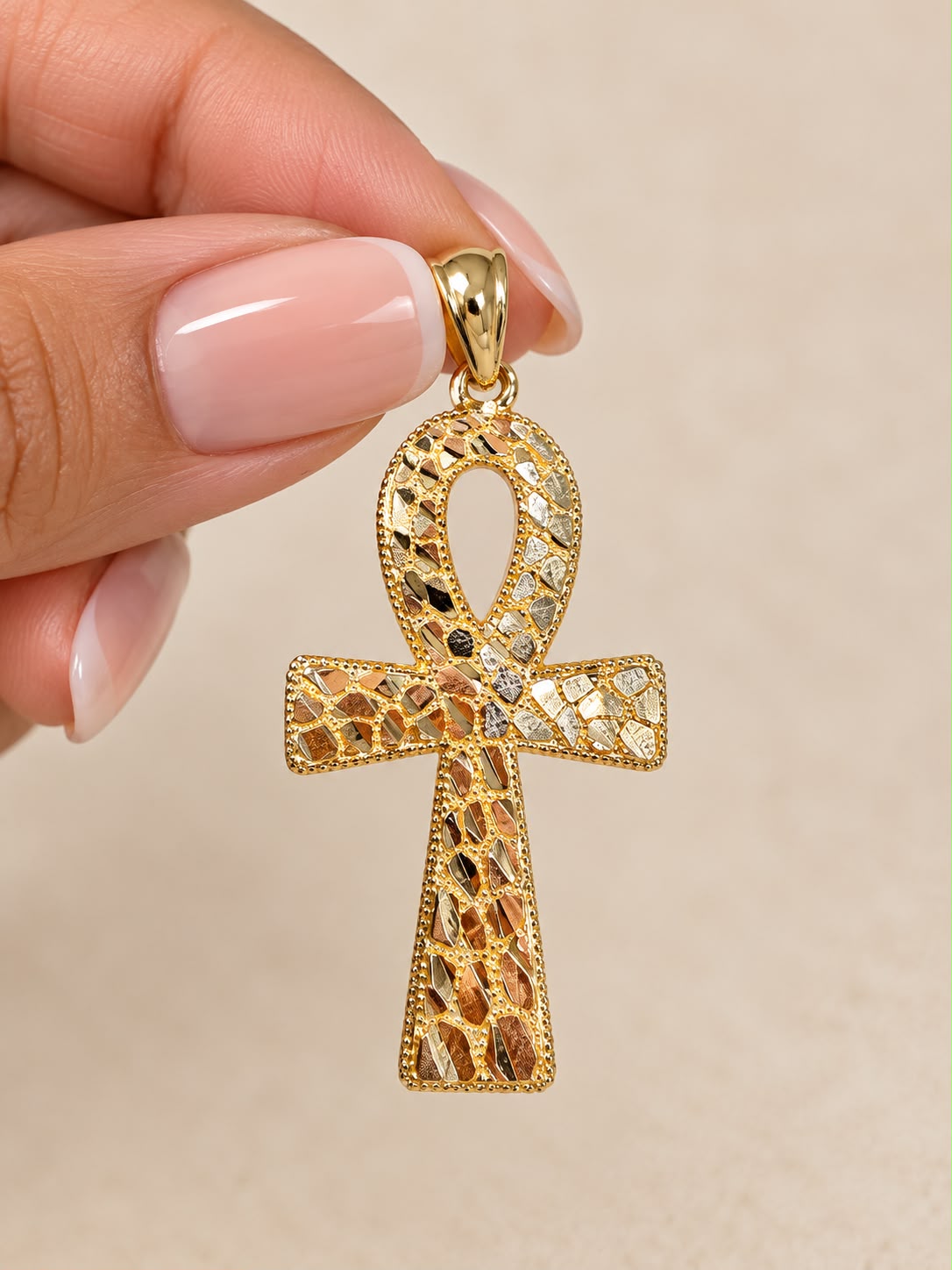 10K Yellow Gold Ankh Cross Pendant – Egyptian Key of Life Diamond Cut 1.5”