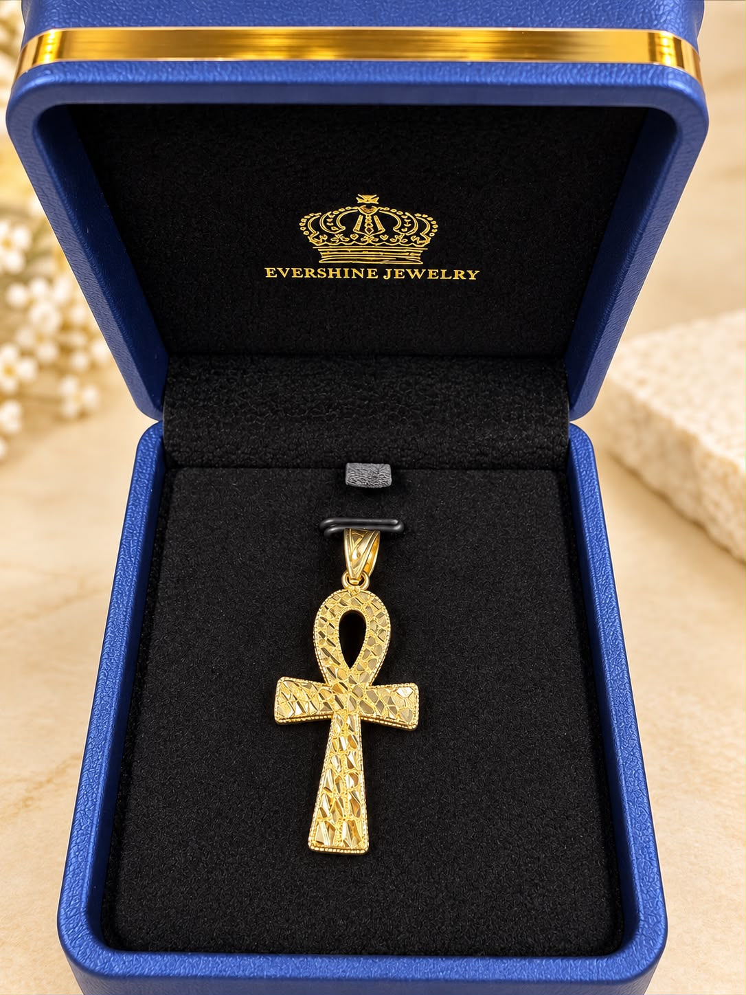 10K Yellow Gold Ankh Cross Pendant – Egyptian Key of Life Diamond Cut 1.5”