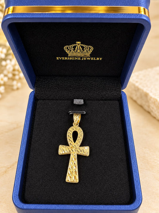 10K Yellow Gold Ankh Cross Pendant – Egyptian Key of Life Diamond Cut 1.5”