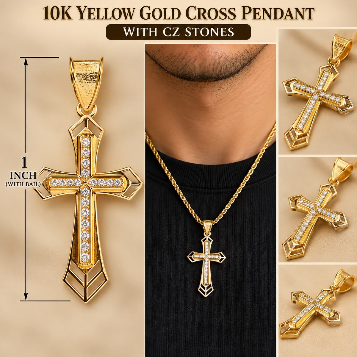 10K Yellow Gold Cross Pendant with CZ Stones – Men’s Religious Charm 1 Inch
