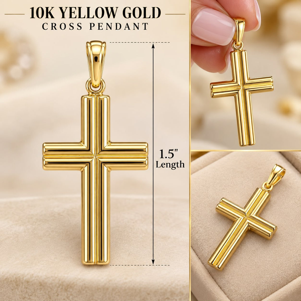 10K Yellow Gold Cross Pendant – Classic Ribbed Religious Charm 1.5 Inch