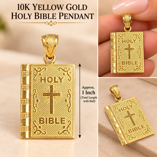 10K Yellow Gold Holy Bible Book Pendant with Cross – Religious Charm 1 Inch