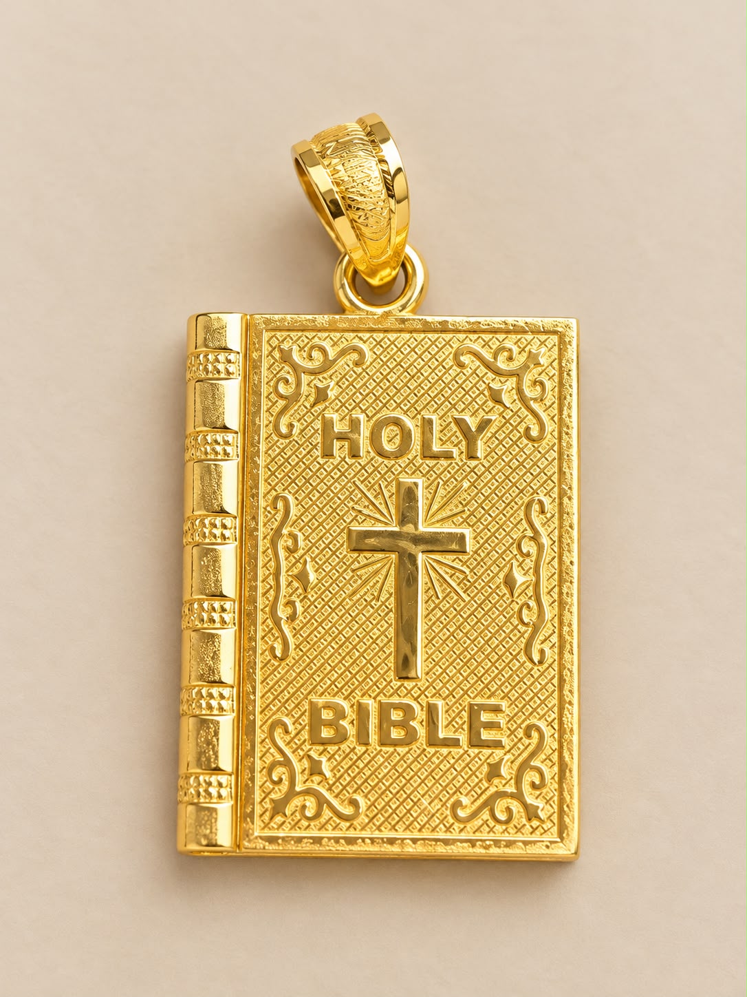 10K Yellow Gold Holy Bible Book Pendant with Cross – Religious Charm 1 Inch