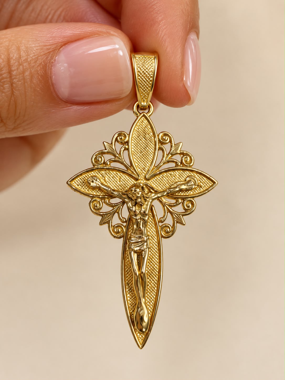 10K Yellow Gold Jesus Crucifix Cross Pendant – Fleur De Lis Design 1.5 Inch