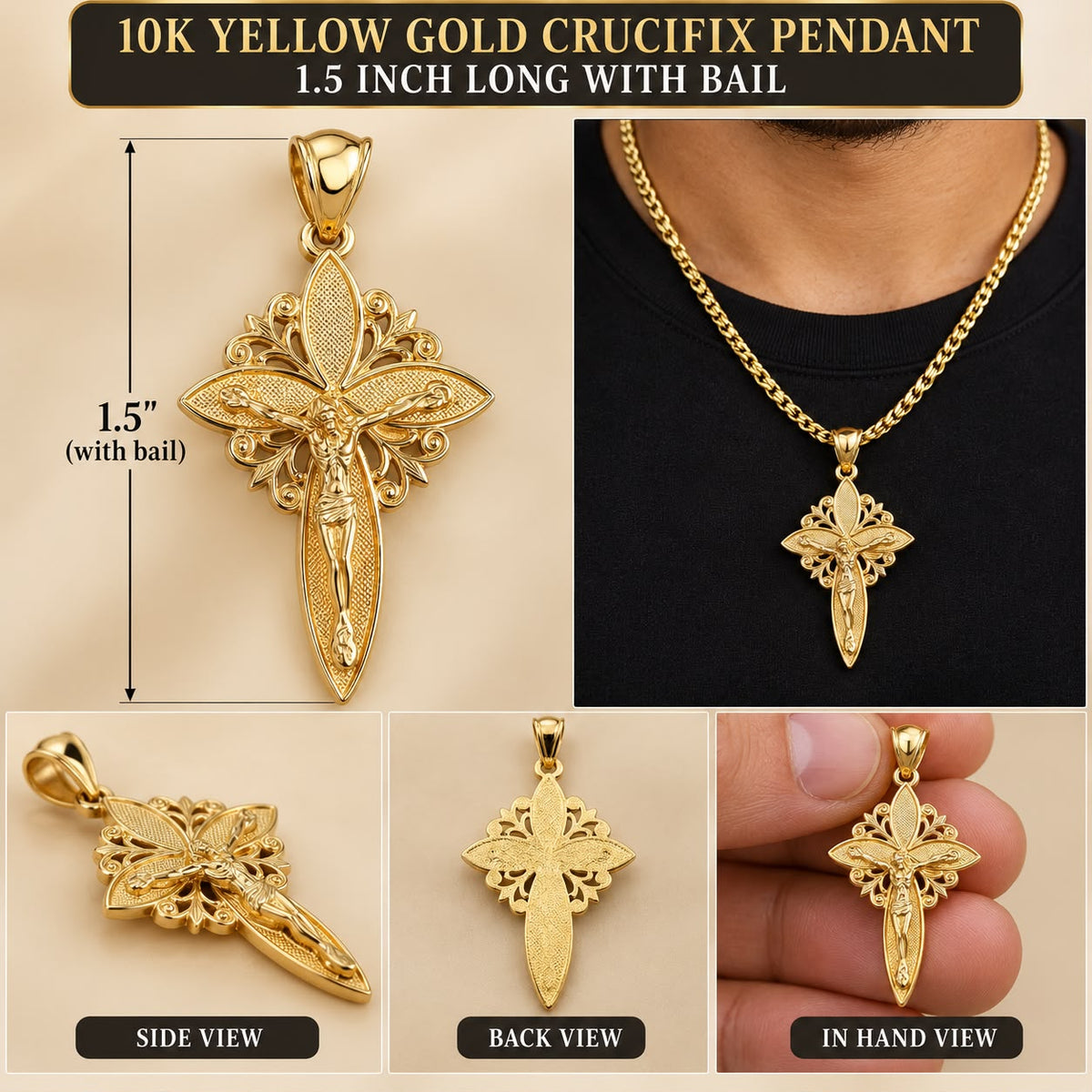 10K Yellow Gold Jesus Crucifix Cross Pendant – Fleur De Lis Design 1.5 Inch