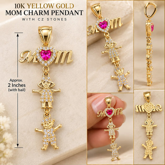10K Yellow Gold Mom Pendant with Boy & Girl Charms – Pink Heart CZ Stones 2”