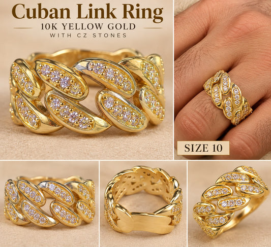 10K Yellow Gold Men’s Miami Cuban Link Ring with CZ Stones