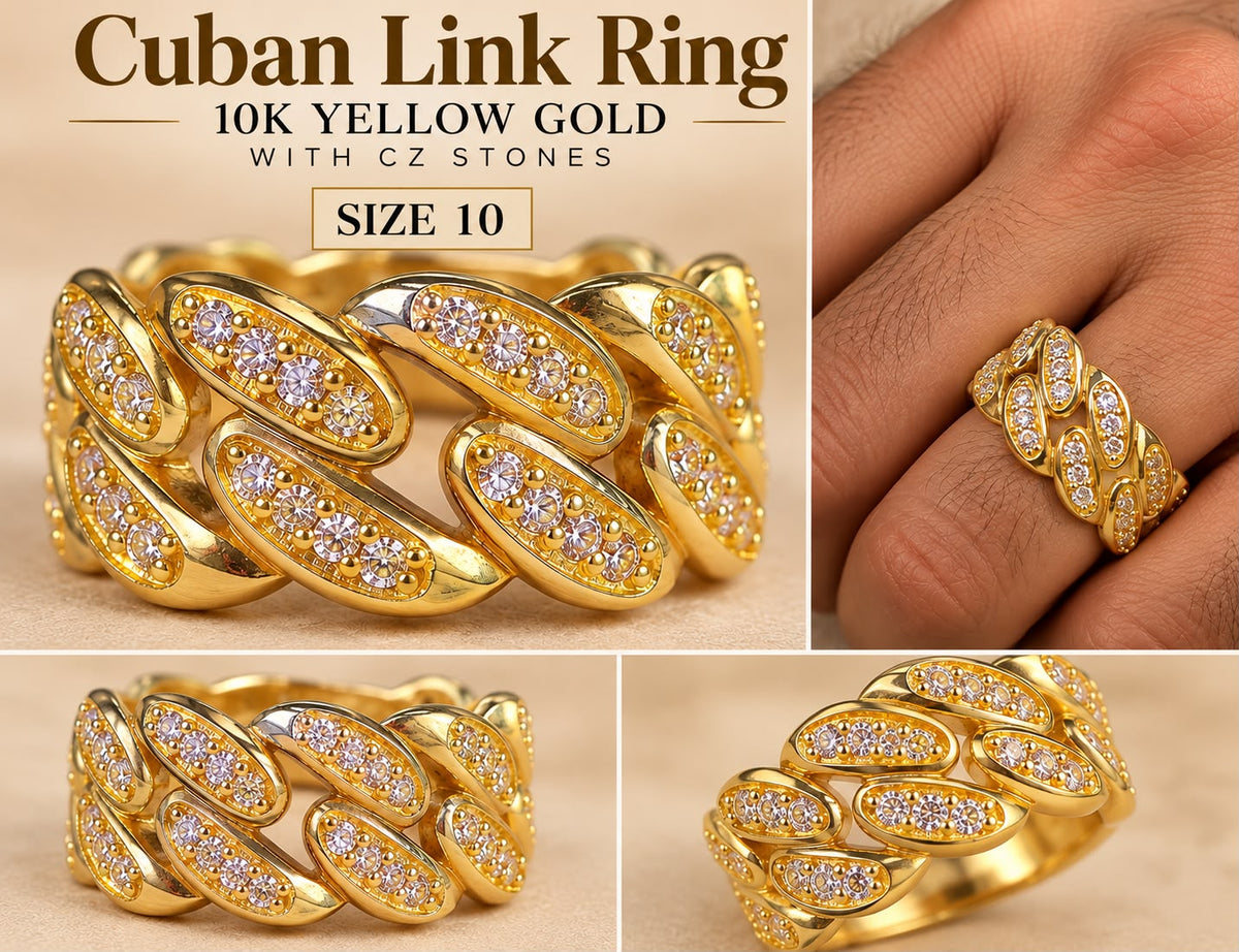 10K Yellow Gold Men’s Miami Cuban Link Ring with CZ Stones