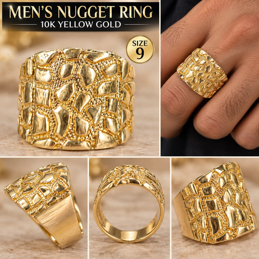 10K Yellow Gold Men's Nugget Ring Wide Band Statement Ring Size 9