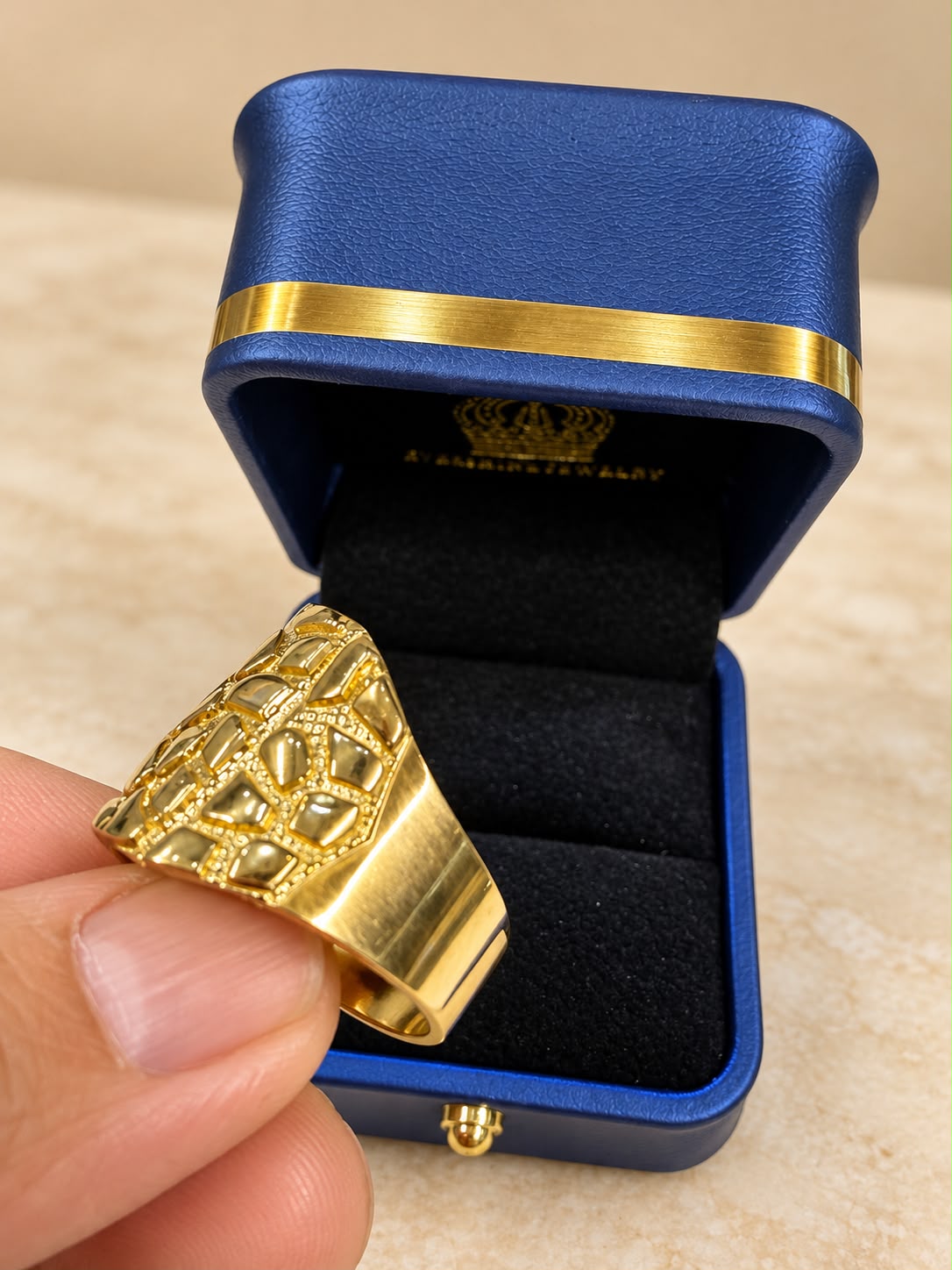 10K Yellow Gold Men's Nugget Ring Wide Band Statement Ring Size 9