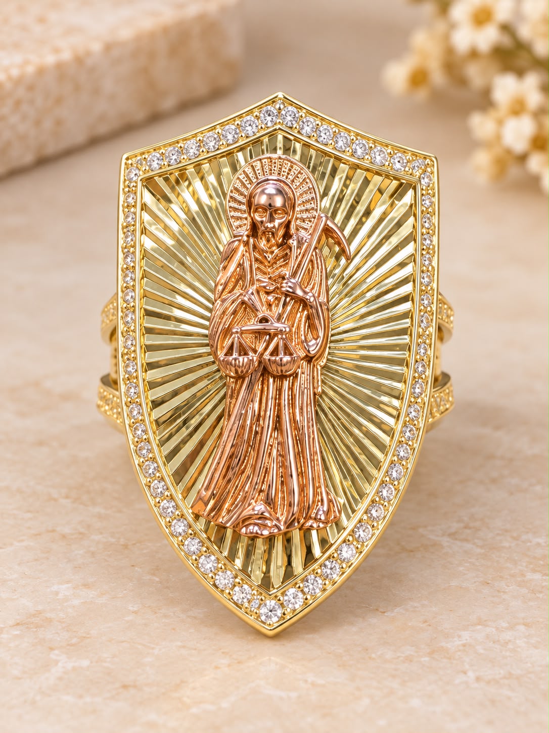 10K Yellow Gold Santa Muerte Saint Death Shield Ring CZ Stones Size 9