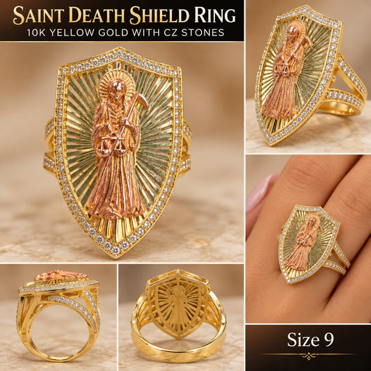 10K Yellow Gold Santa Muerte Saint Death Shield Ring CZ Stones Size 9