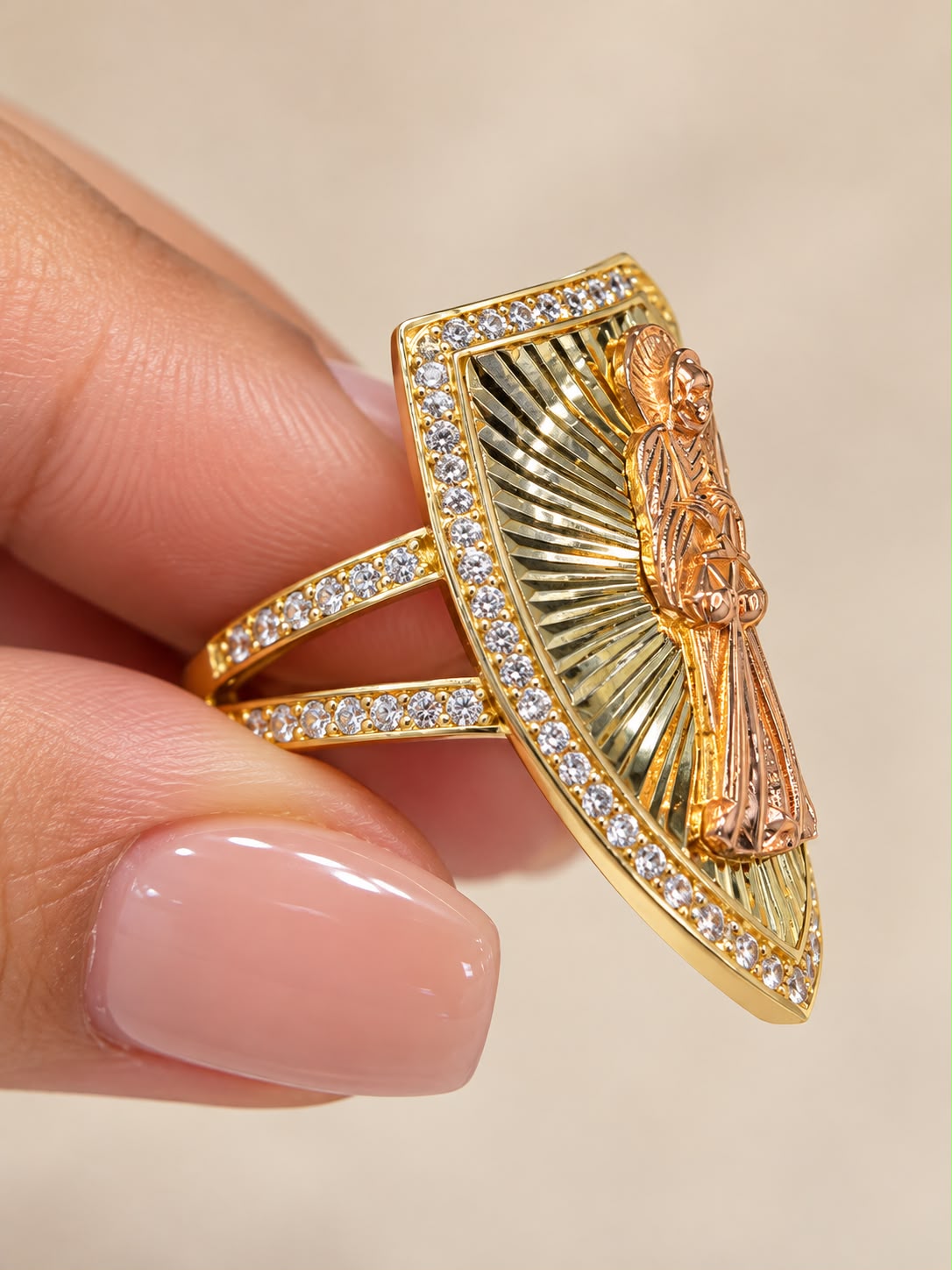 10K Yellow Gold Santa Muerte Saint Death Shield Ring CZ Stones Size 9