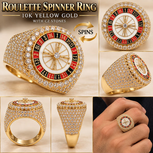 10K Yellow Gold Men's Roulette Spinner Ring CZ Stones Casino Gambling Ring 8g